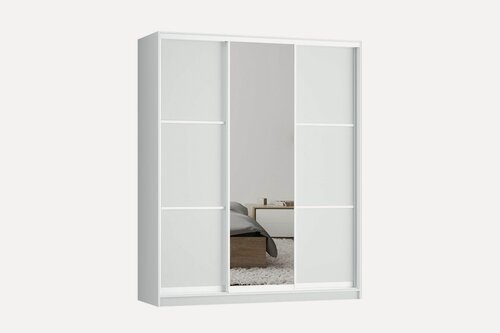 Изображение товара Шкаф купе для одежды Ронни 3, МФ-Купе, с зеркалом, 220х45х220, белье/платье/белье, белый, профиль белый