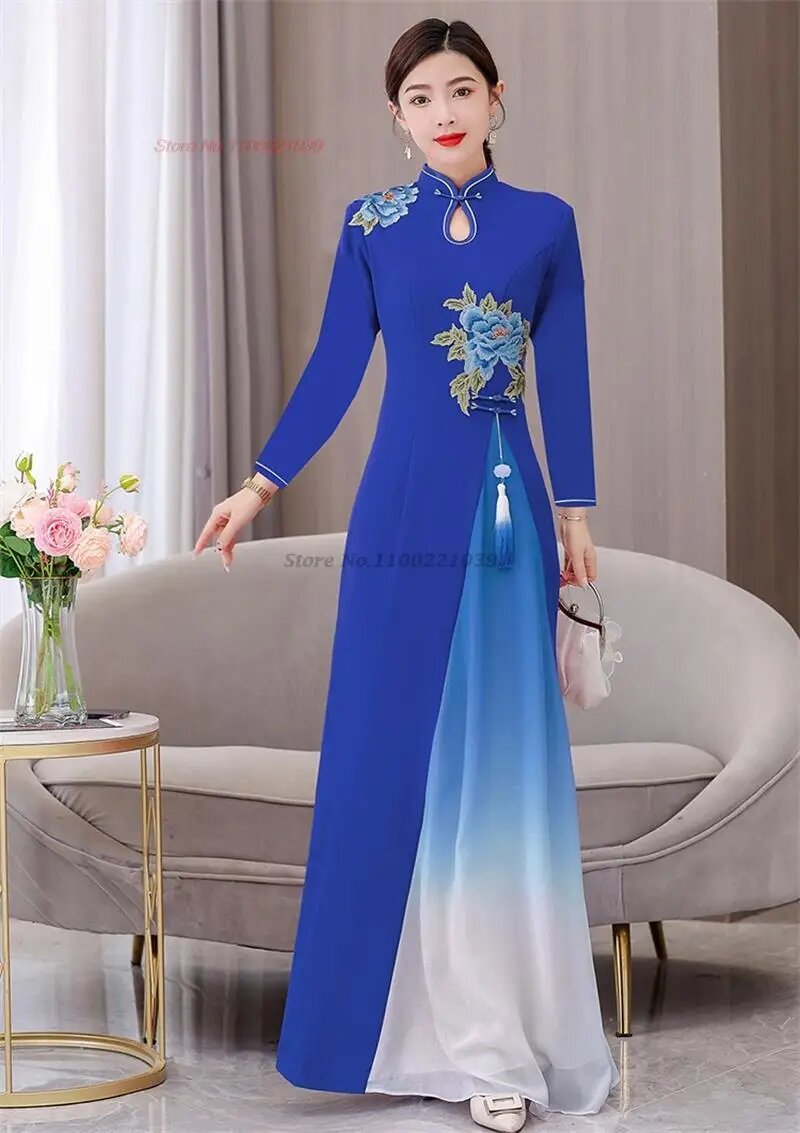 Вьетнамское платье aodai 2025 года, традиционное китайское улучшенное Ципао, национальное платье Cheongsam с цветочной вышивкой, банкетное вечернее платье, XXXL, Синий, Женский