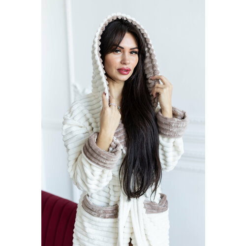 фото Халат comfort fashion домашний теплый женский с капюшоном на запах, размер 2xl, молочный