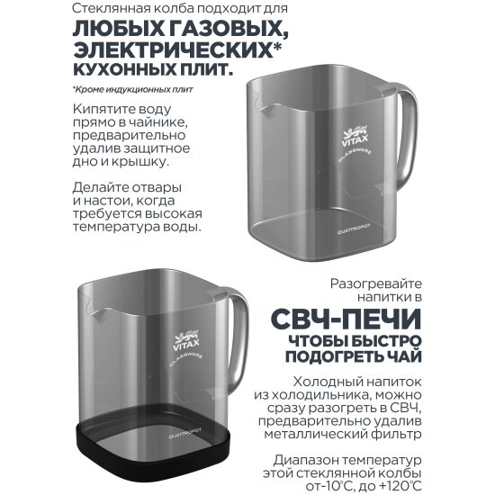 чайник заварочный 4в1 VITAX Thirlwall 900мл термостекло, пластик, нерж.сталь, силикон - фото №5