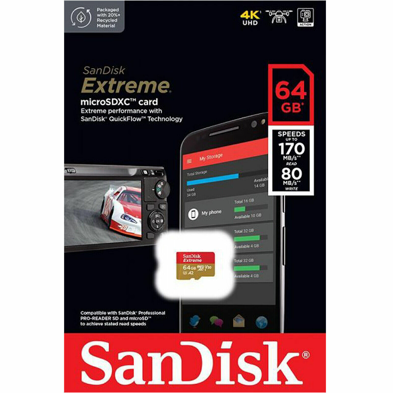 Карта памяти SanDisk Extreme microSDXC 64 ГБ Class 10 UHS-I V30 A2, 170/80 Mb/s