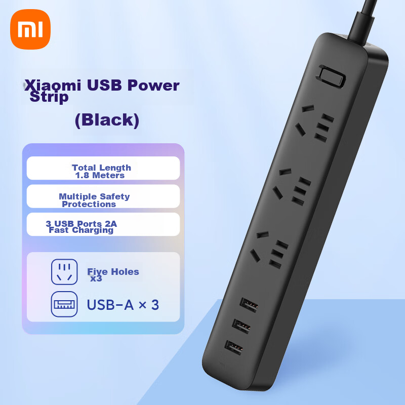 Xiaomi (MI) Mijia USB Power Strip/Extension Cord/Power Bar/3 USB Ports + 3 Outlets Master Switch 1.8 Meters Long Black