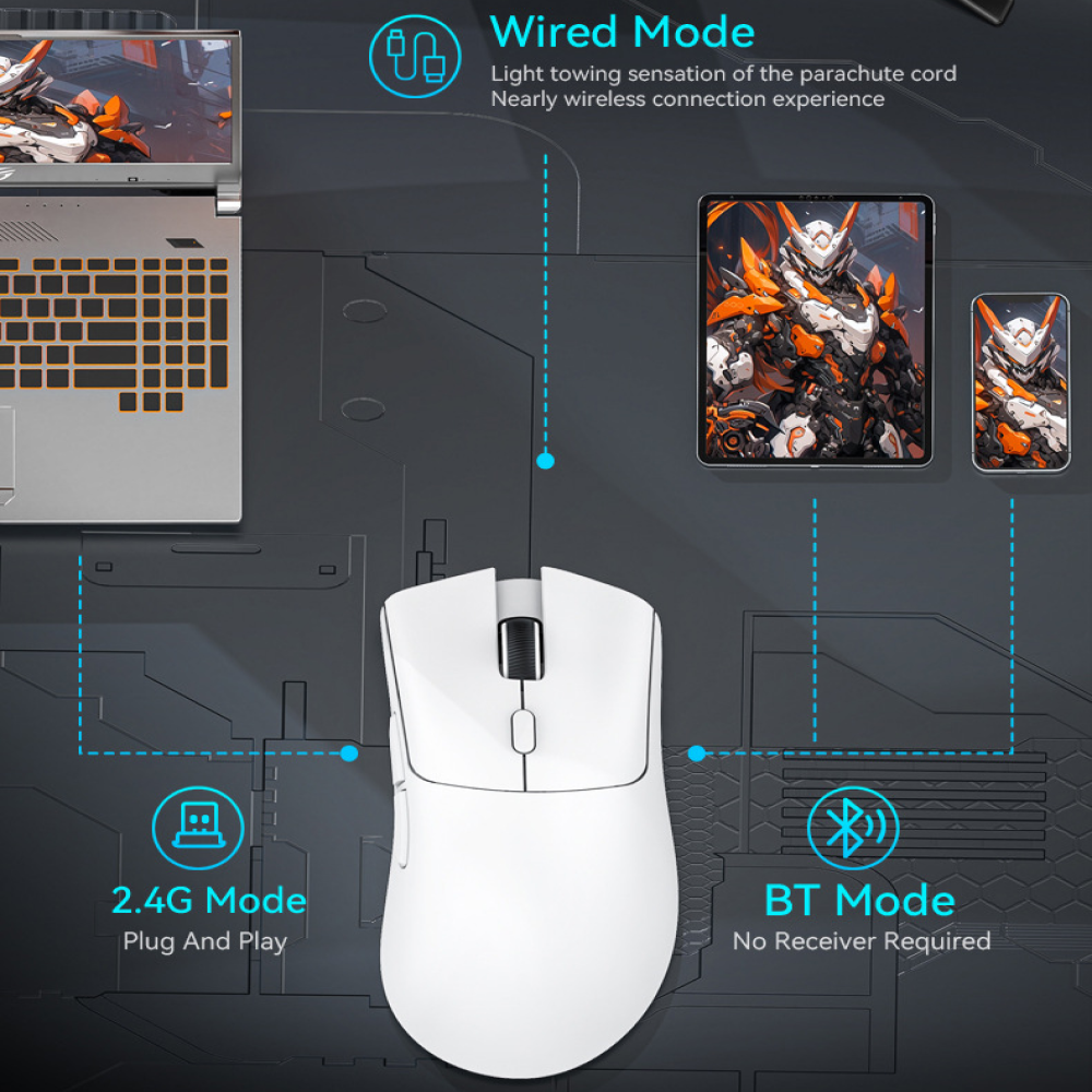 Мышь игровая беспроводная Attack Shark R1 Белая Bluetooth + 2.4Ghz USB + проводная, грипсы — фото 1