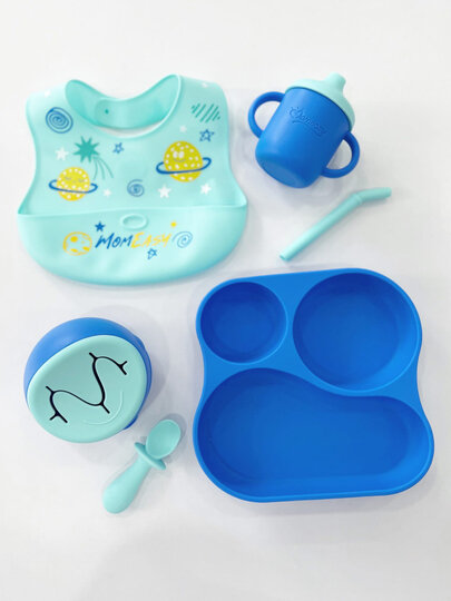 Силиконовый набор посуды, для кормления малышей, 5 предметов , синий