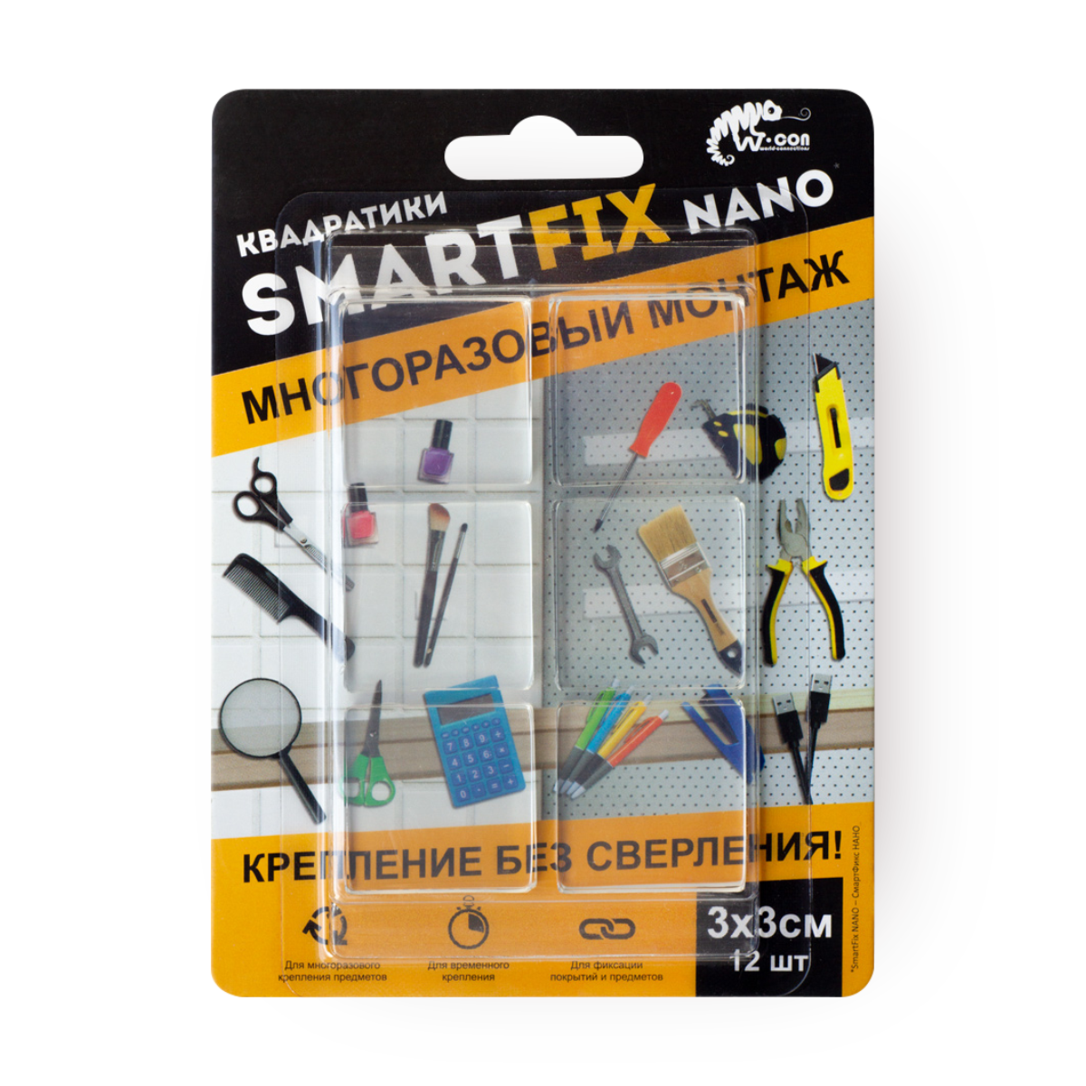 Квадратики SmartFix Nano W-con многоразовый монтаж, 3см х 3см