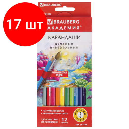 Комплект 17 шт, Карандаши цветные акварельные BRAUBERG академия, 12 цветов, шестигранные, высокое качество, 181398