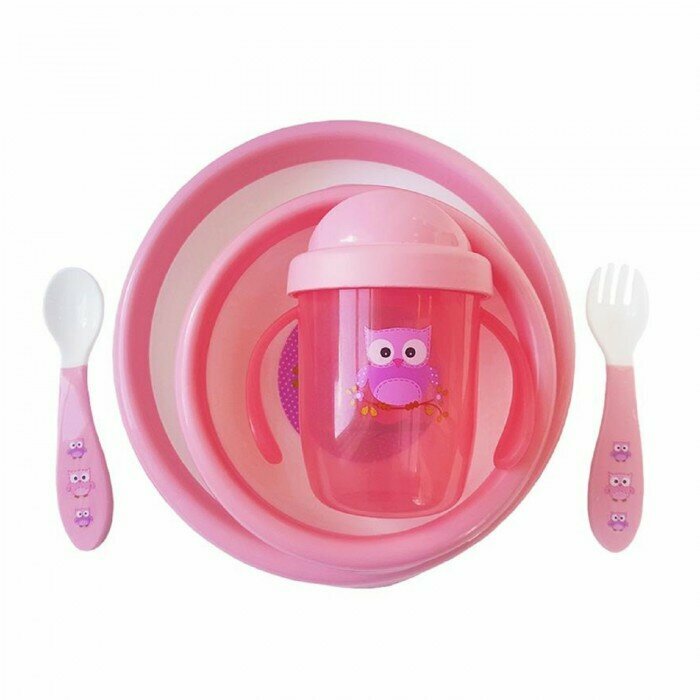 Набор детской посуды (тарелочки, поильник, столовые приборы) Розовый