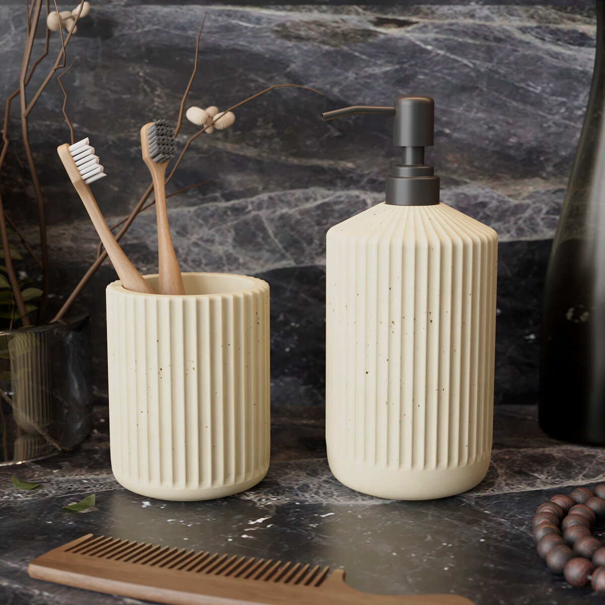 фото Набор для ванной комнаты Chloe 03 (стакан, дозатор для жидкого мыла с черной помпой), бетон, белый матовый