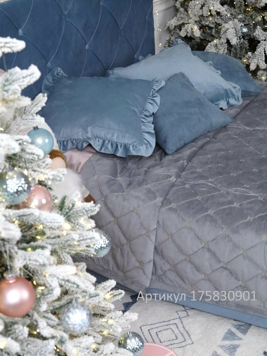 Плед покрывало на кровать 220х240 из велюра, с узором, серый - фотография № 12