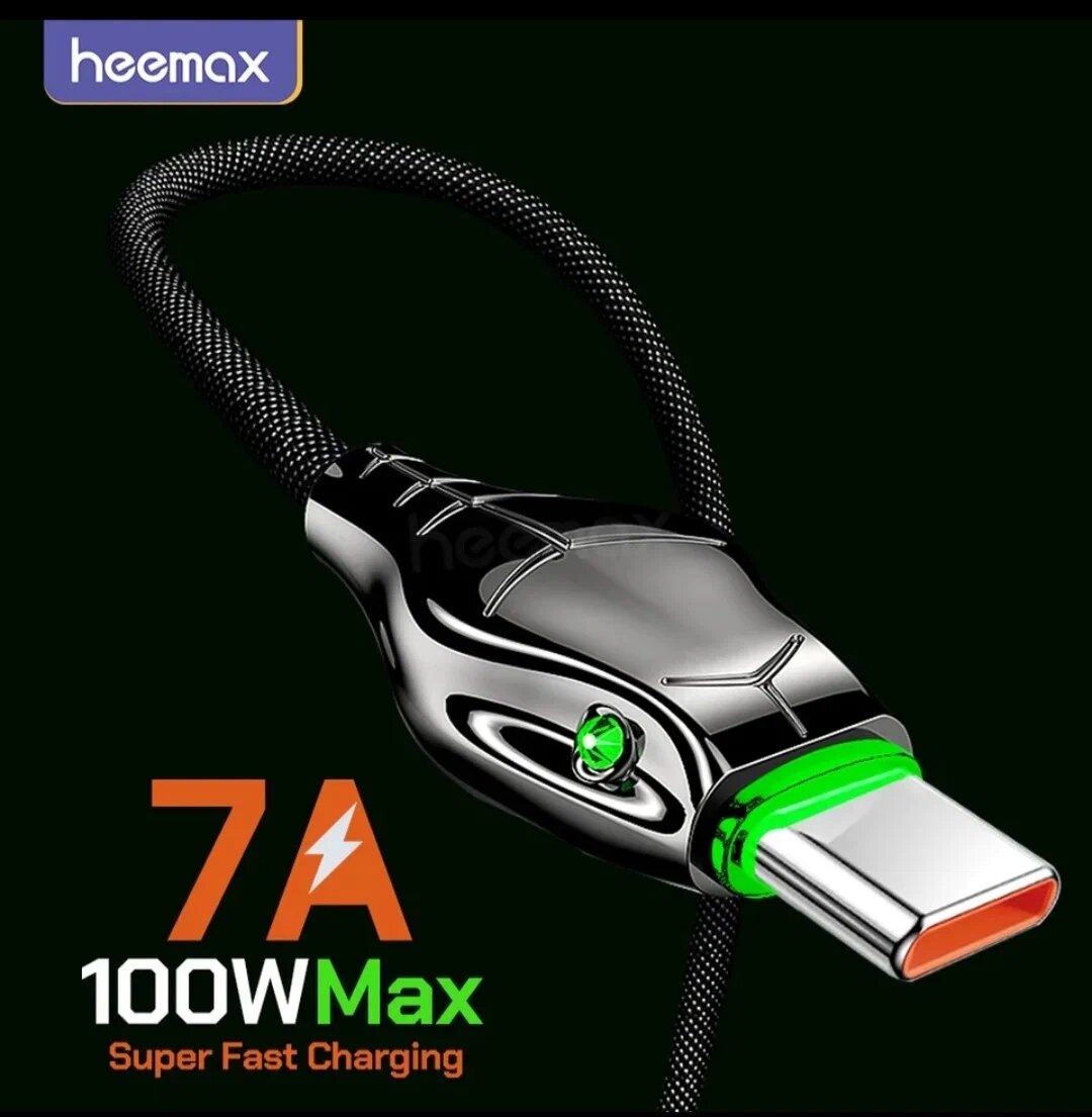 Кабель зарядный HEEMAX USB - Type-C, 7 A, 66 Вт, макс 100 Вт, 3 метра, индикатор, супер быстрая зарядка для Huawei, Xiaomi, Samsung (Черная Мамба)