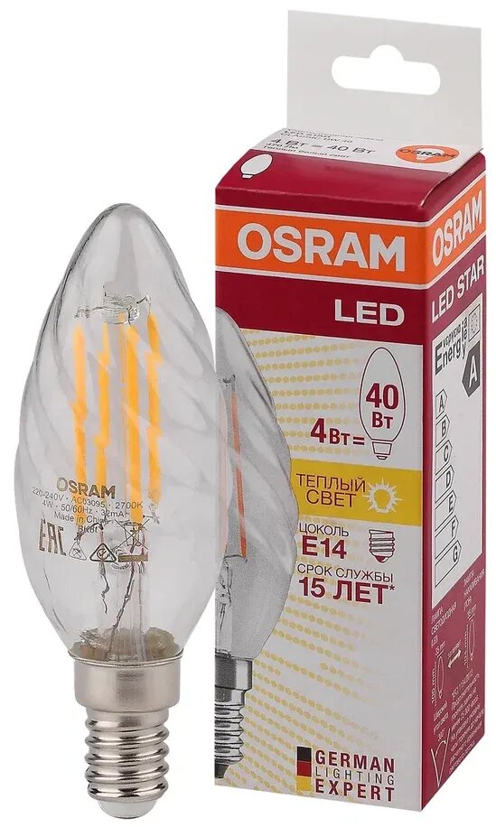 Лампочка светодиодная OSRAM Свеча витая BW E14 4Вт 220В 470Лм 2700К Теплый белый Филаментная уп. 1шт