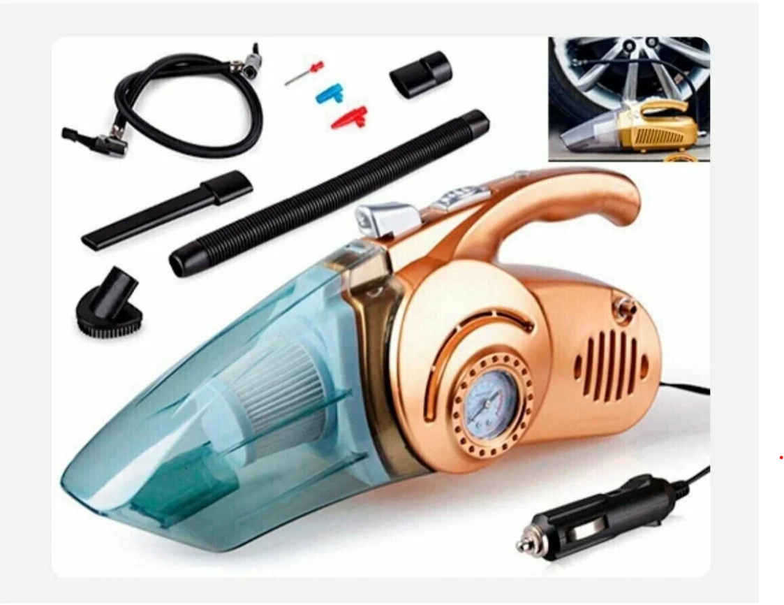 фото Портативный автомобильный Пылесос для машины 4 в 1 Car Vacuum Cleaner с функцией подкачки шин и подсветкой, вакуумный пылесос, бронза