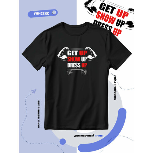 Футболка get up show up dress up с мощными руками и штангой, размер 3XL, черный