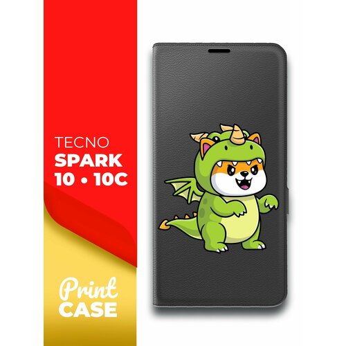 Чехол на Tecno Spark 10/ 10C (Техно Спарк 10/10С) черный книжка эко-кожа подставка отделение для карт и магнитами Book case, Miuko (принт) Котик Дракон чехол на tecno spark 10 10c техно спарк 10 10с синий книжка эко кожа подставка отделением для карт и магнитами book case miuko принт лев черный