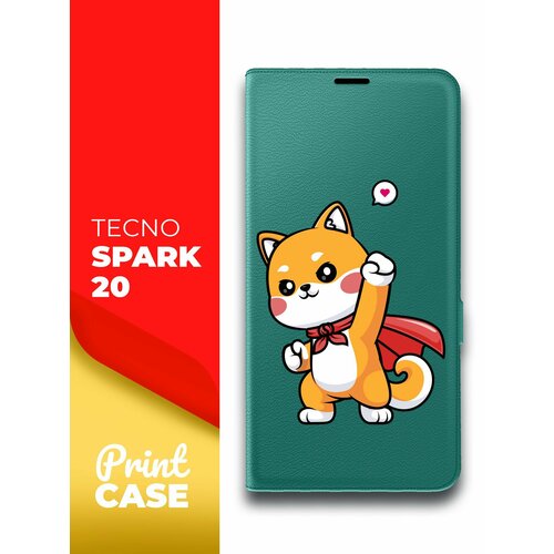 Чехол на Tecno Spark 20 (Техно Спарк 20) зеленый опал книжка эко-кожа подставка отделение для карт и магнитами Book Case, Miuko (принт) Котик Супермэн чехол на tecno spark 20 техно спарк 20 фиолетовый книжка эко кожа подставка отделение для карт магнит book case miuko принт россия хаки зеленый