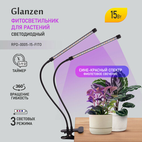 Glanzen фитосветильник RPD-0005-15-fito, черный потолочный светильник glanzen rpd 0013 15