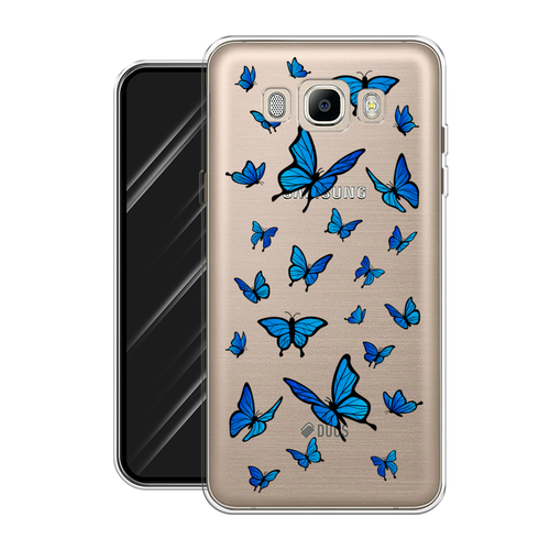 Силиконовый чехол на Samsung Galaxy J7 2016 / Самсунг Галакси J7 2016 Синие бабочки, прозрачный