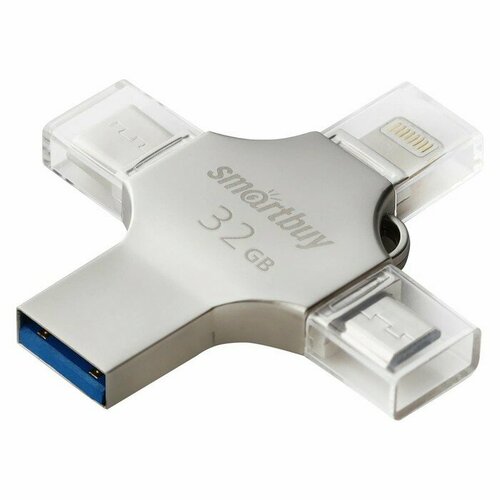 Флешка Smartbuy MC15 Metal Quad, 4-in-1 OTG, 32 Гб, USB3.0, Type-C, microUSB, lightning поворотная флешка 3 в 1 64 гб gb usb 3 0 usb type c microusb зеленый green otg 3 in 1 typec 031 для телефона и компьютера