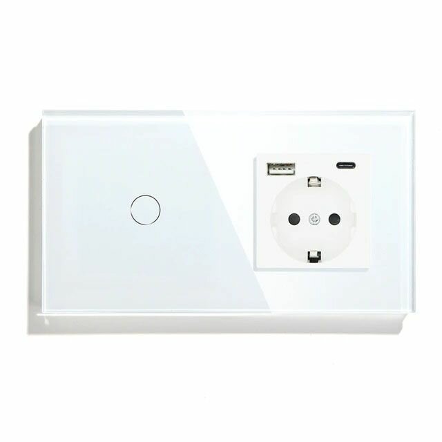 фото Сенсорный выключатель с розеткой 1 клавиша 1 розетка, 2 поста (1G+1AС), стекло 157х86мм, цвет белый