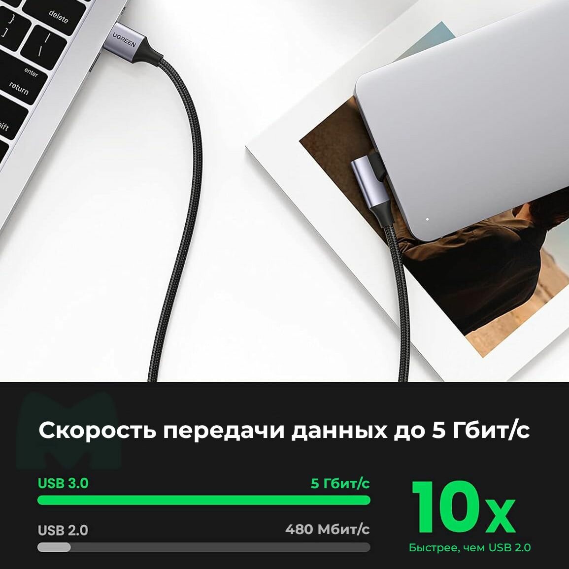 Кабель угловой для быстрой зарядки и передачи данных UGREEN US385 / USB-A на USB-C / 5 Gbps, QC 3.0 / Длина 1м / цвет черный (20299) — фото 1