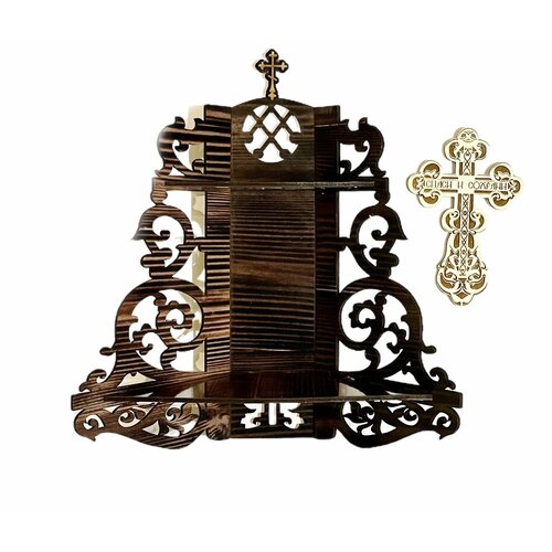 Набор Иконостас 45 см темное дерево и Крест настенный / иконостас угловой / для икон /Полка под иконы/ украшение на стену / панно / декор для дома /