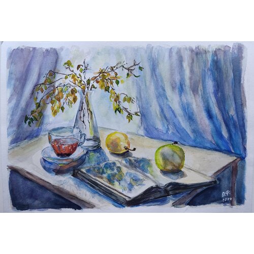 Картина акварелью Натюрморт с книгой и яблоком ручная работа размер А4 1300₽