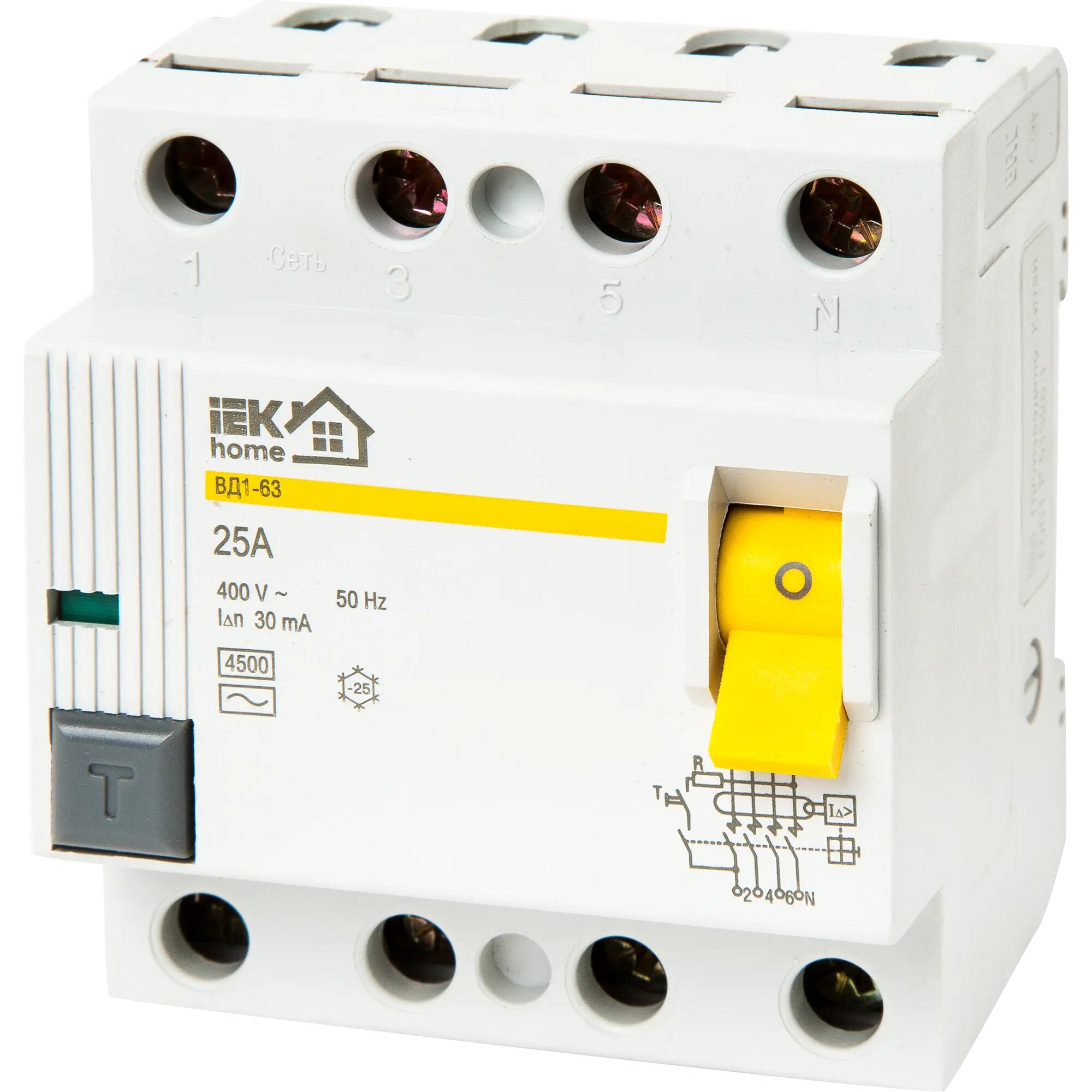 УЗО Iek Home ВД1-63 3P N 25 A 30 мА 4.5 кА AC MDV13-4-025-030