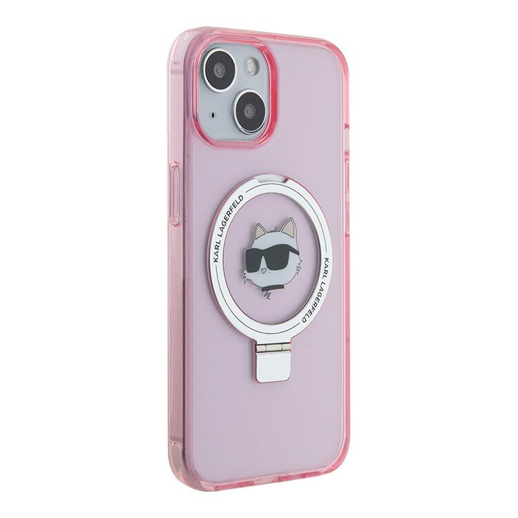 Karl Lagerfeld для iPhone 15 чехол PC/TPU + Ring stand NFT Choupette head Hard Pink (MagSafe)