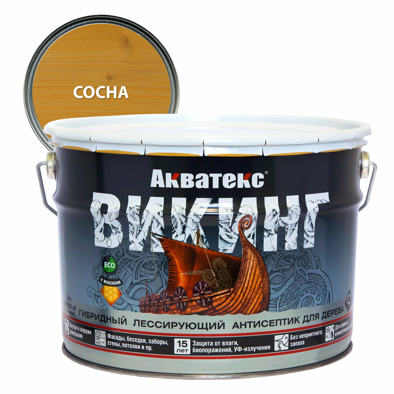 Антисептик лессирующий гибридный для дерева Акватекс Викинг полуматовый (9л) сосна