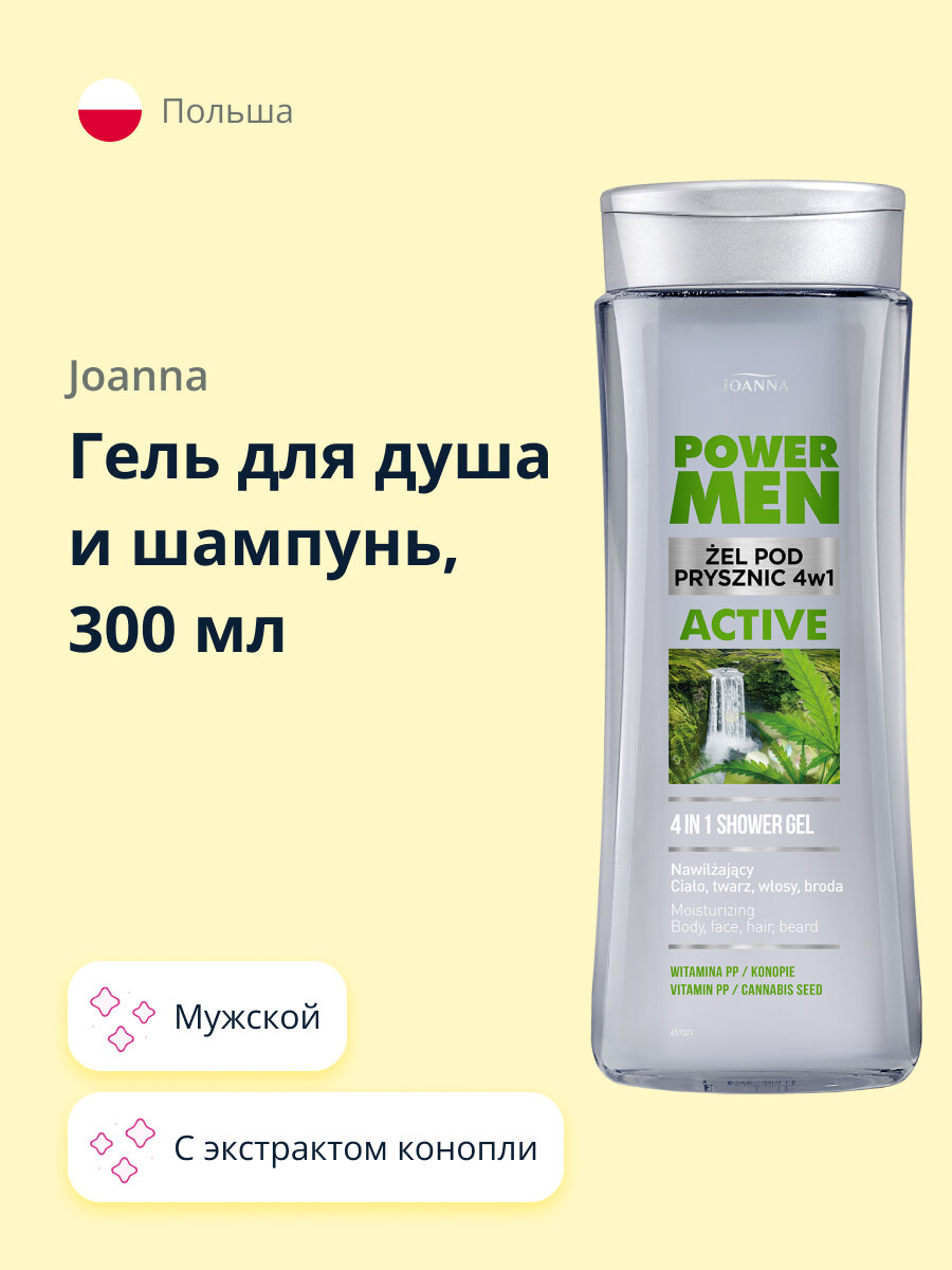 фото Гель для душа и шампунь JOANNA POWER MEN ACTIVE 4 в 1 c экстрактом конопли (мужской) 300 мл