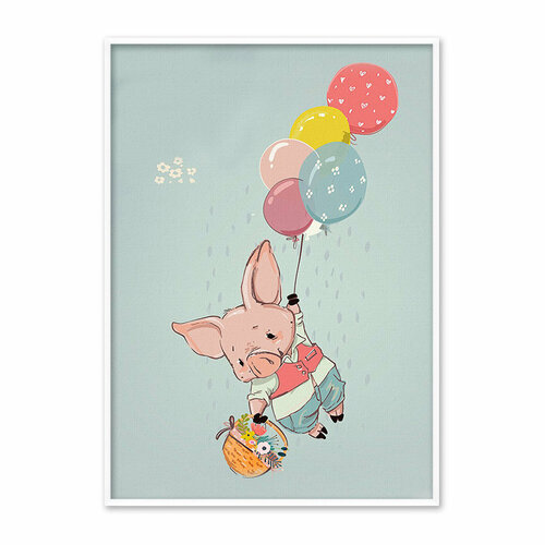 Постер в рамке Поросенок с шариками, 50х70 см