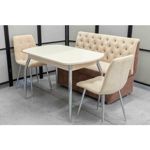 Обеденная группа Монро-1 Дуо, стол матовое стекло, 110(140)х70 см, обивка дивана и стульев антивандальная, моющаяся, антикоготь, цвет крем.
