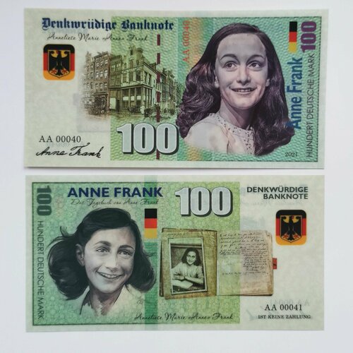 Сувенирная банкнота 100 марок Анна Франк клуб нумизмат банкнота 20 марок гдр 1948 года наклейка на банкноте третьего рейха
