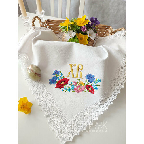 Пасха, льняная салфетка, вышивка, кружево, 45x45, ANTURAG VISHIVKA