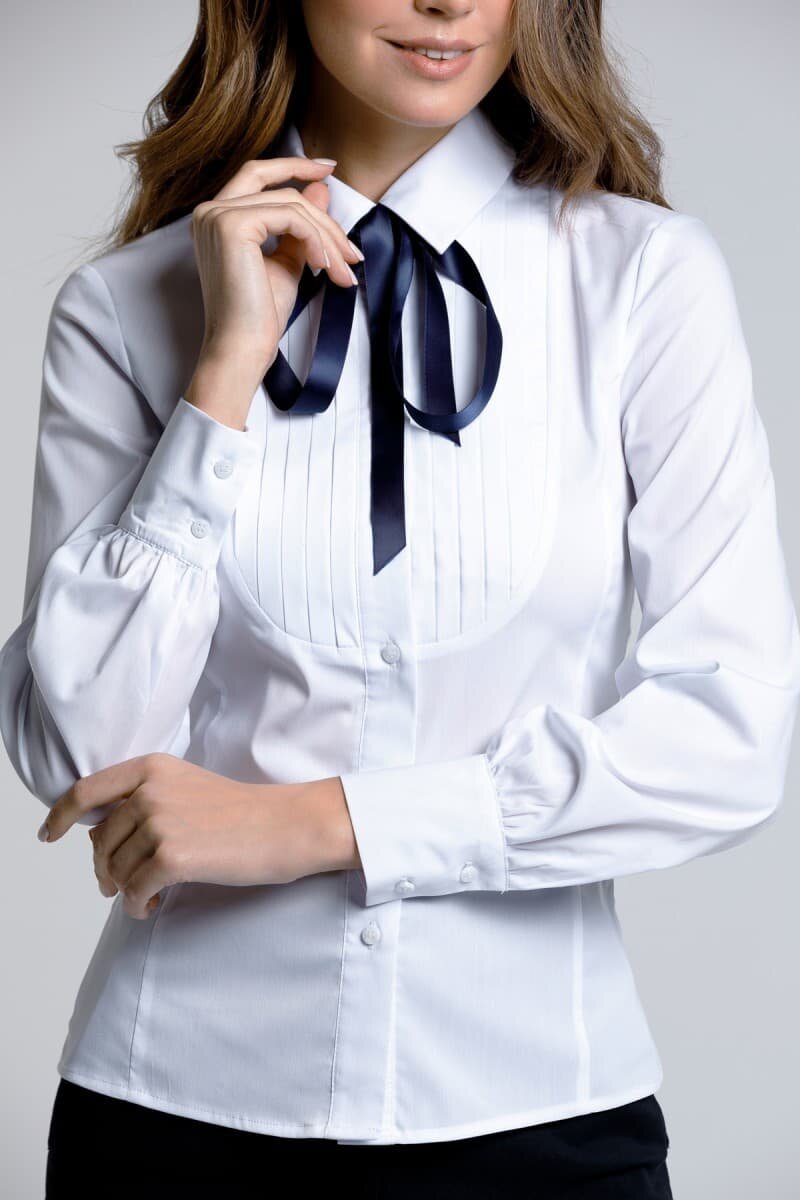 Блуза Белая женская блузка с бантом, офисная, декоративная кокетка, длинный рукав