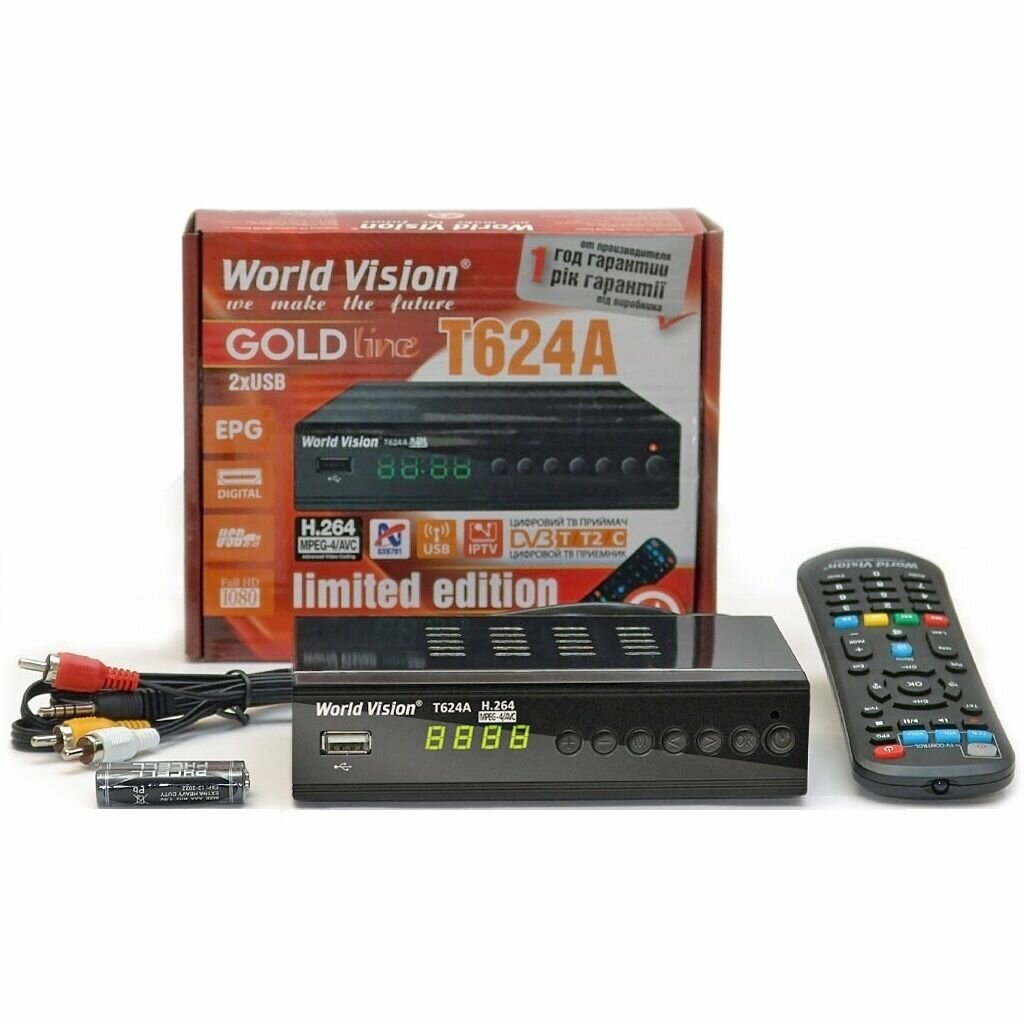 Эфирная приставка World Vision T624A (DVB-T2+DVB-C, IPTV, обучаемый ПДУ) + Кабель HDMI 1.5 м медный