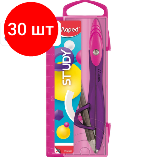 Комплект 30 наб, Циркуль Maped STUDY POP 120мм, цинк. сплав, карандаш, пласт. пенал, ассорт,194102 циркуль школьный study stop 120мм