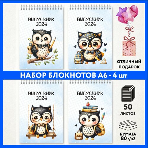 Набор блокнотов А6 - 4 шт подарок выпускнику детского сада на 1 сентября и День Рождения Школьная сова 111 - 4 notepad_school_owls_111_A6_set_4 699₽