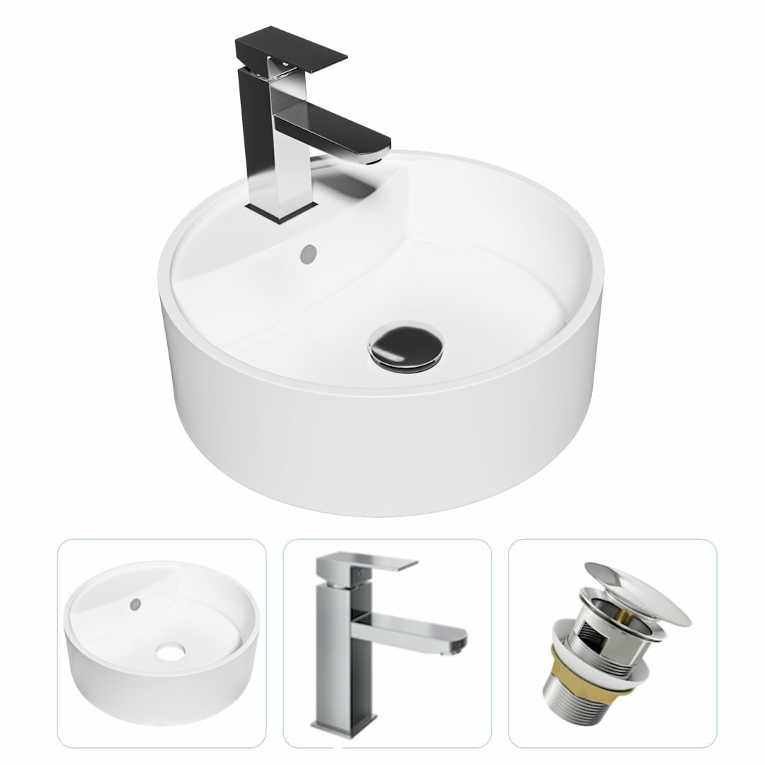 фото Комплект Teymi 3 в 1: раковина Lina S D40 с полочкой + смеситель Helmi Pro, хром + выпуск Teymi с переливом белый F01630