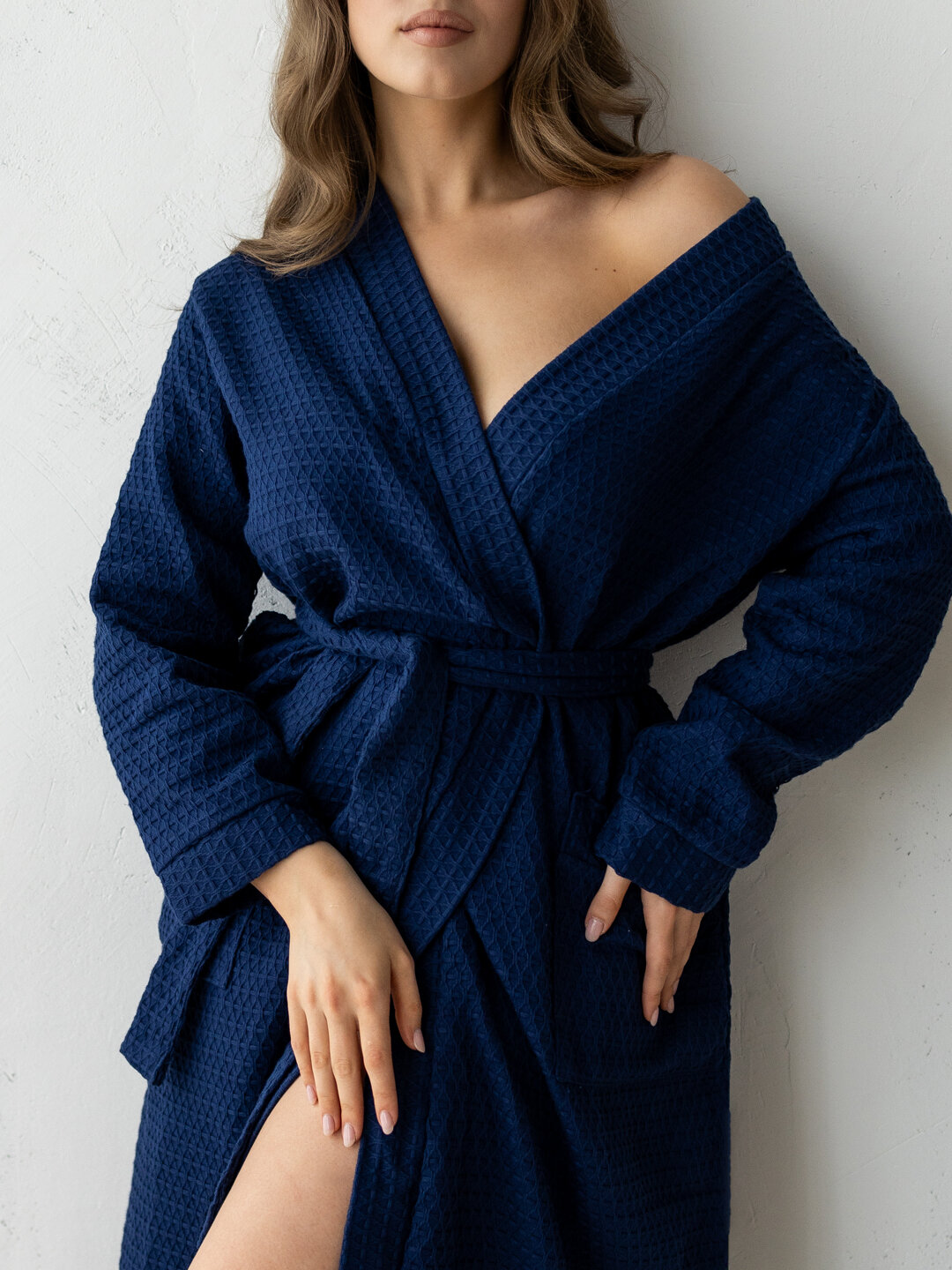 фото Халат вафельный женский банный синий домашний 100% хлопок