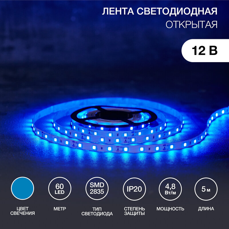 LED лента 12В, 8мм, IP23, SMD 2835, 60 LED/m, 12V, синяя (катушка 5 метров)