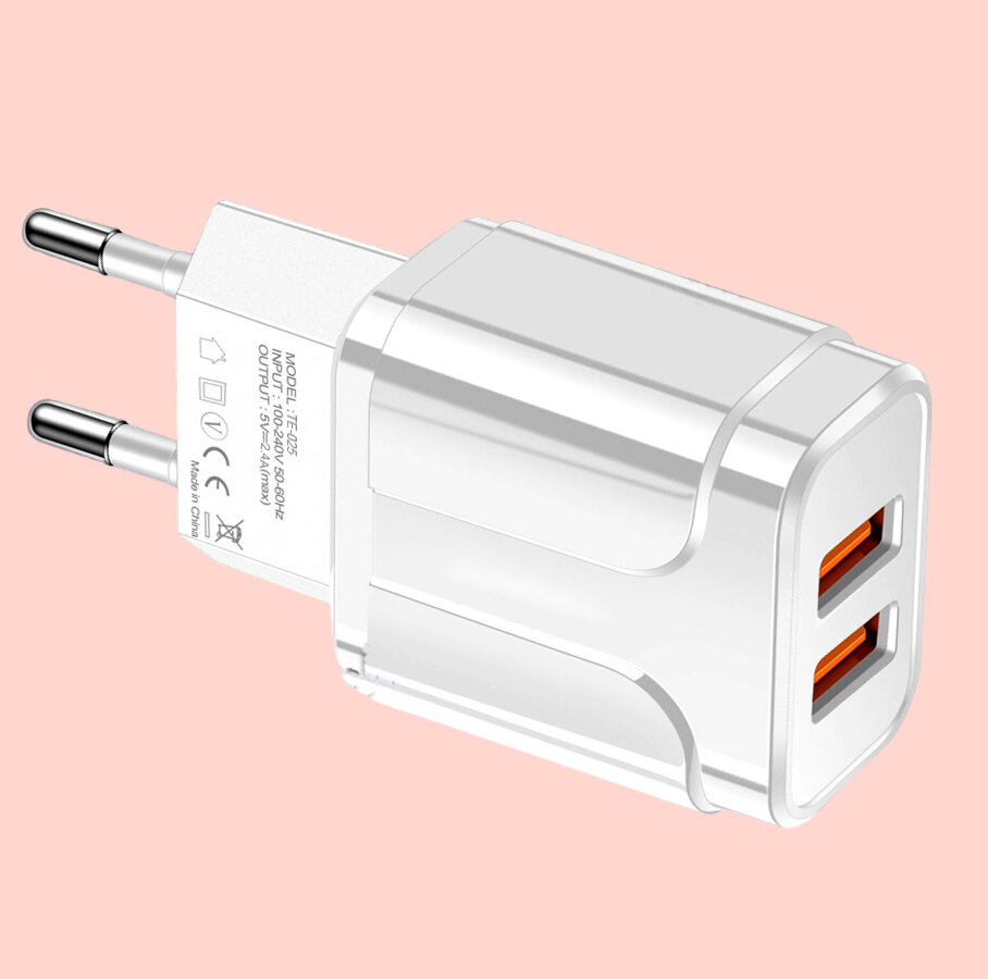 Сетевое зарядное устройство для телефона на 2 USB, 2.4A, блок питания, зарядка для смартфона, сетевой адаптер, белый