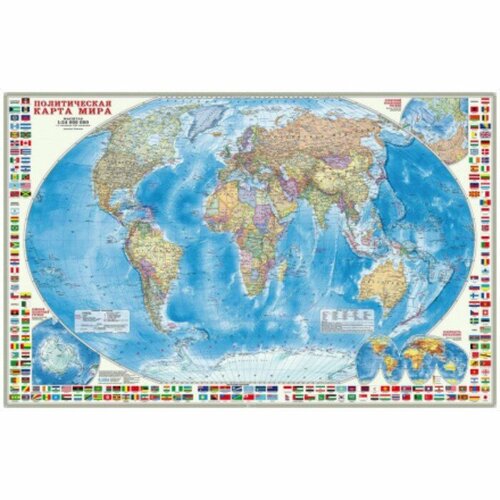 Карта настенная Мир Политический с флагами, ГеоДом, 124х80 см, 1:24 млн настенная карта мира геодом в тубусе наша планета животный и растительный мир 124х80 см 4660136221517