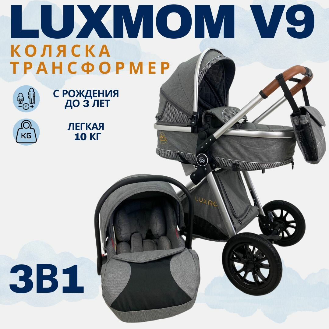 Детская коляска - трансформер Luxmom v9 3в1 серый, всесезонная, автолюлька