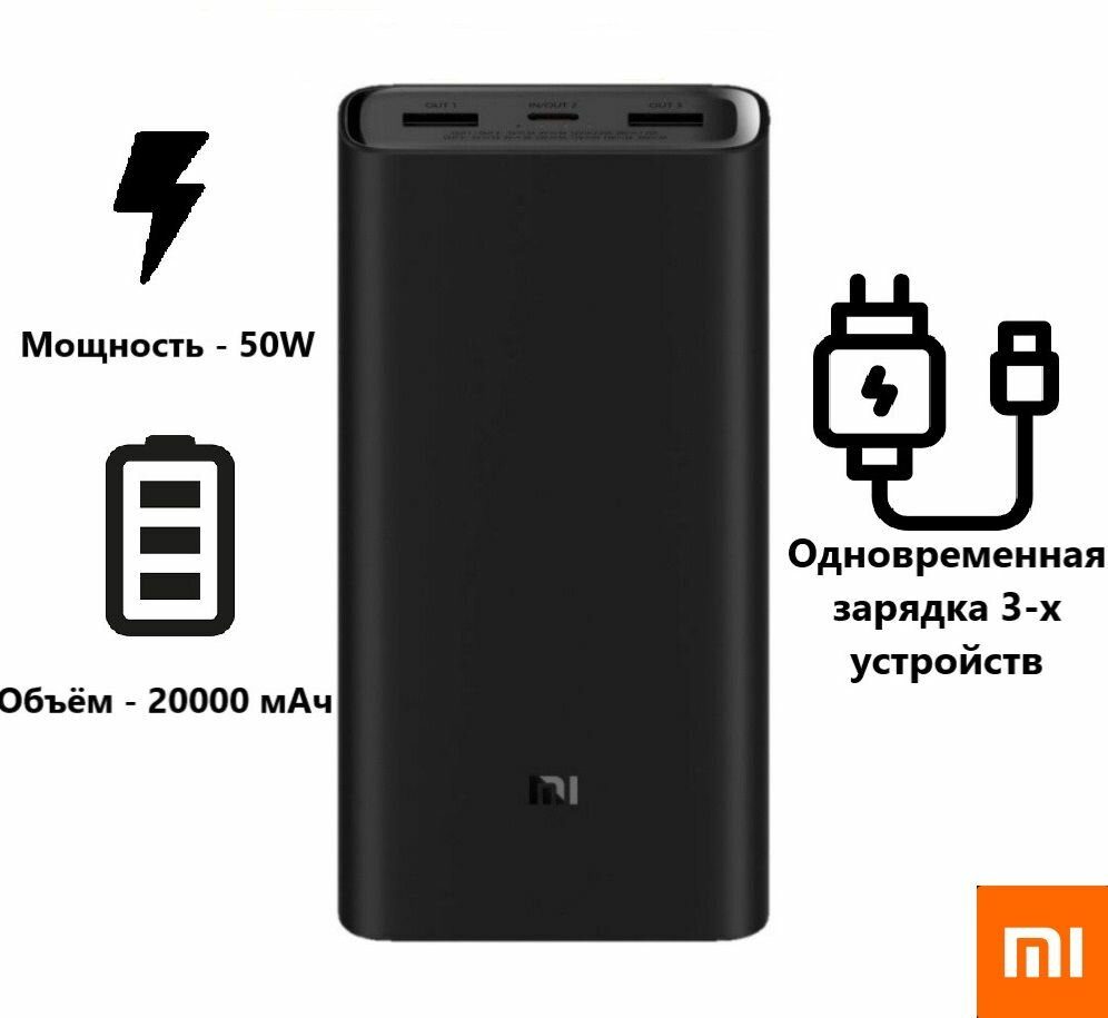 Внешний аккумулятор Xiaomi Mi Power Bank 3 Pro 20000mah 50W MAX, портативный аккумулятор, Power Bank, черный