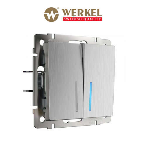 фото Выключатель двухклавишный с подсветкой werkel w1120109 cеребряный рифленый ip20