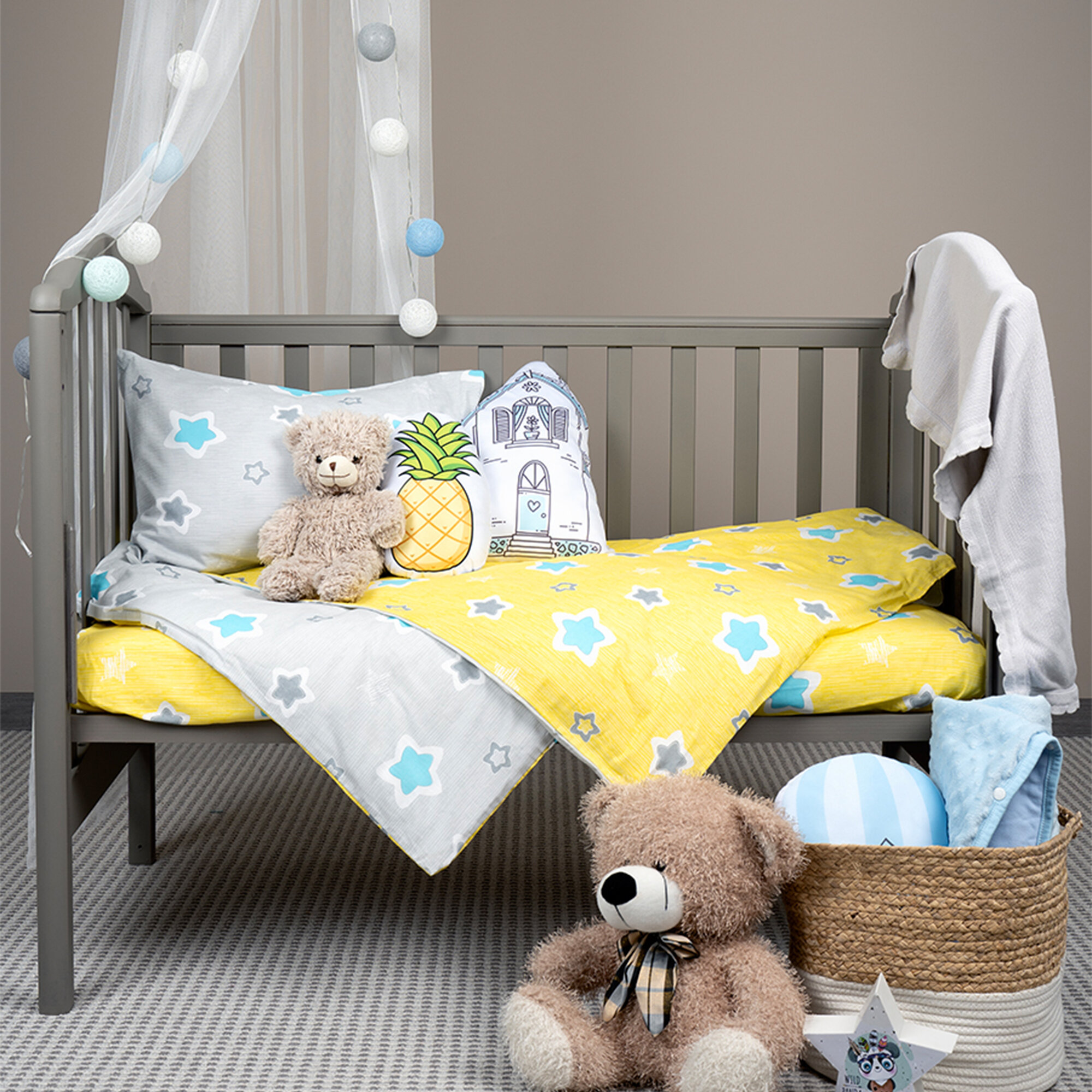 Комплект постельного белья в кроватку Galtex компаньон простыня на резинке: Звездочки светло-серый/Звездочки бирюзовый