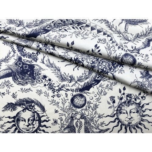 Ткань Атласный Шёлк молочного цвета с принтом синее солнце 46439 5270₽