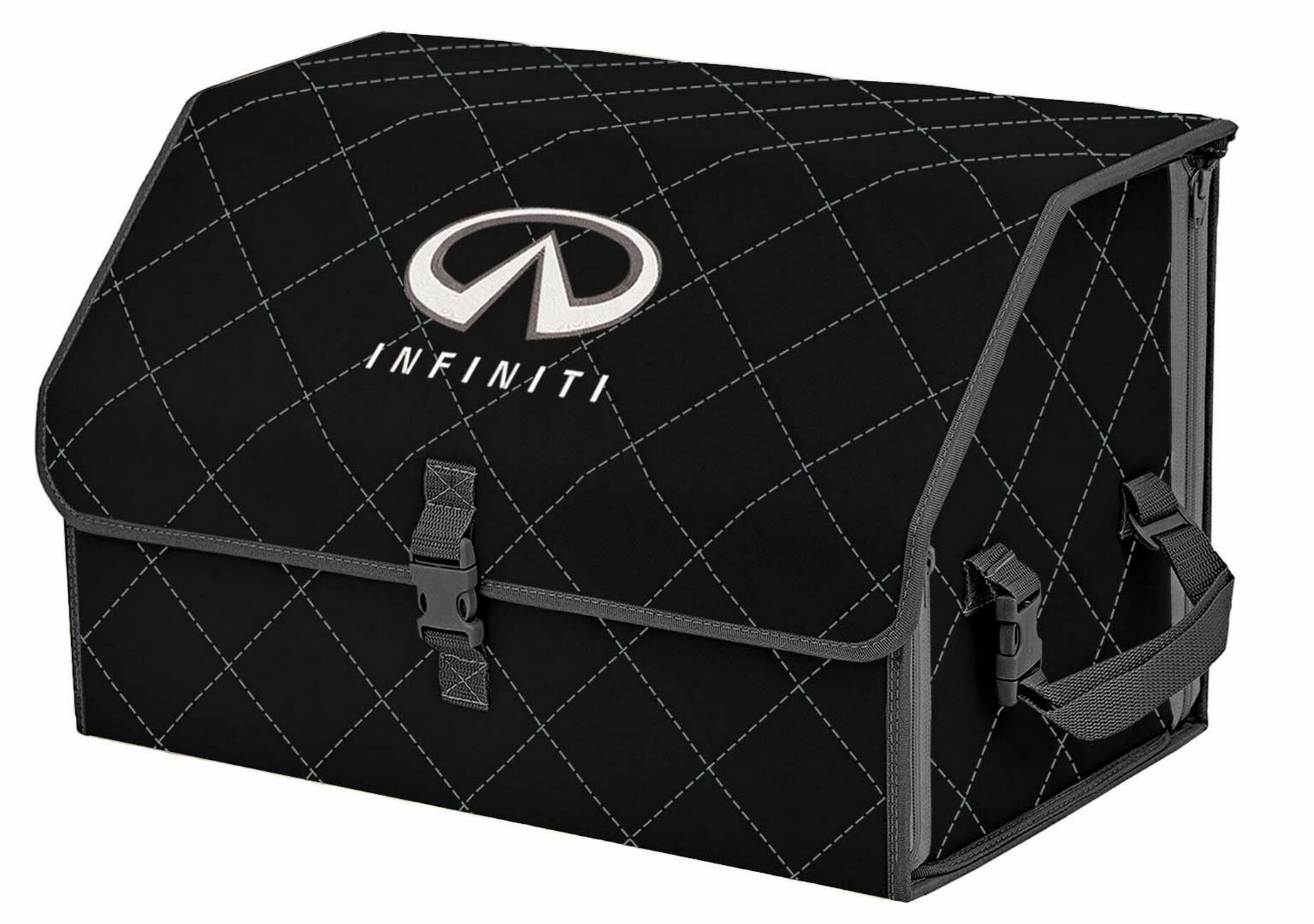 Органайзер-саквояж в багажник "Союз" (размер L). Цвет: черный с серой прострочкой Ромб и вышивкой Infiniti (Инфинити).