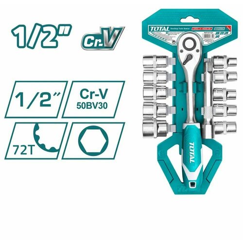 набор головок 1 2 с трещоткой 12шт tht141121 Набор торцевых головок TOTAL, 1/2, головки 10 - 24 мм, с трещоточным ключом